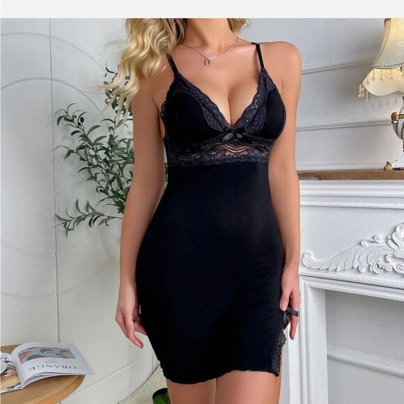 Women Sexy Babydoll Chemise Lace Modal Nightgown V-Neck Full Slip Sleepwear - Picture 2 of 5